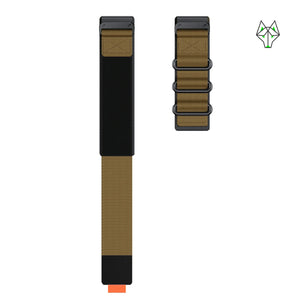 Olive and black nylon Apple Watch band with metal rings and orange tip, compatible with 2000+ styles