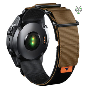 Tactical nylon Apple Watch band in tan and black with quick-release buckles, compatible with 42mm/44mm/45mm models