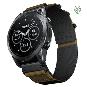 Black and olive nylon watch band for Apple Watch, rugged design with secure buckle
